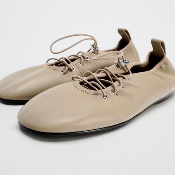 ZARA soft leather tan lace up flats - Picture 1 of 8